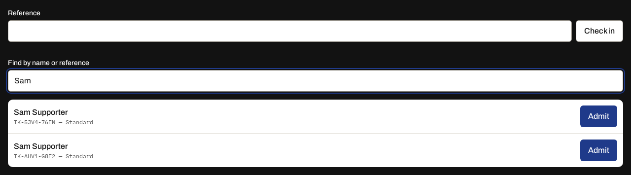 The check-in scanner: manual reference entry and a name search showing a matching ticket.