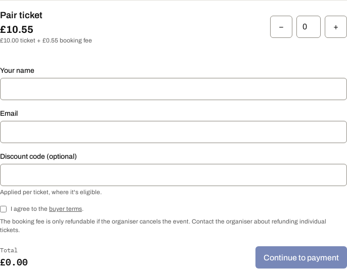 A ticket type with its fee-inclusive price and the ticket-plus-fee breakdown underneath.
