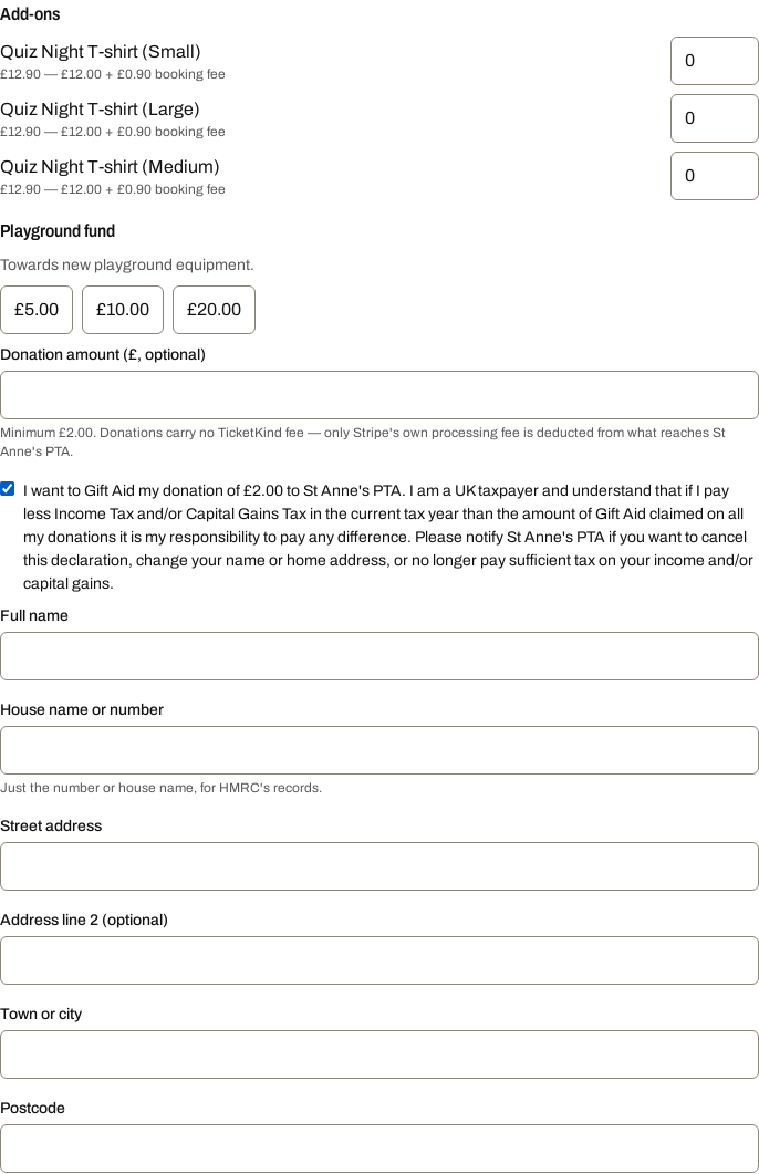 The checkout add-ons section, showing an item, a donation with suggested amounts, and the ticked Gift Aid declaration with its house name or number field.