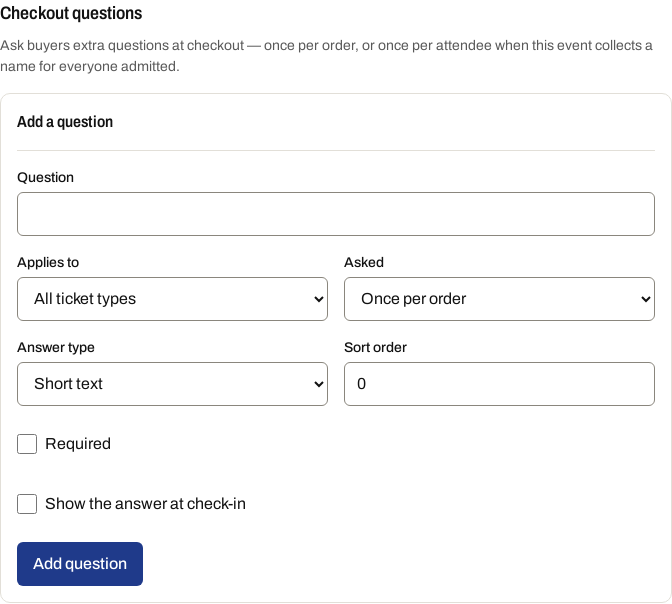 The checkout questions section on the event editor, with the add-question form.