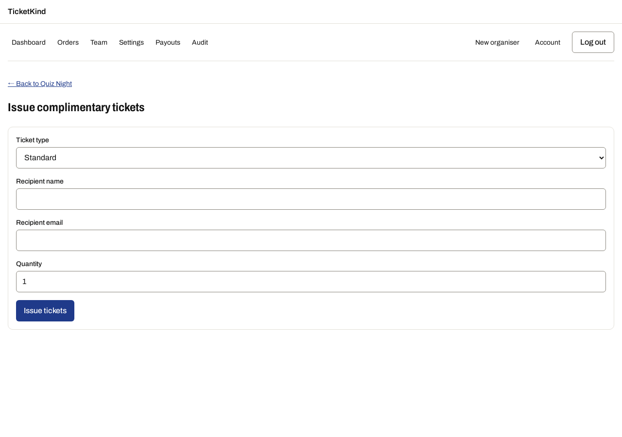 The issue complimentary tickets form: ticket type, recipient name and email, and quantity.