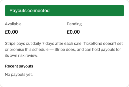 The payouts page, showing the connected account's balance and Stripe's payout schedule.