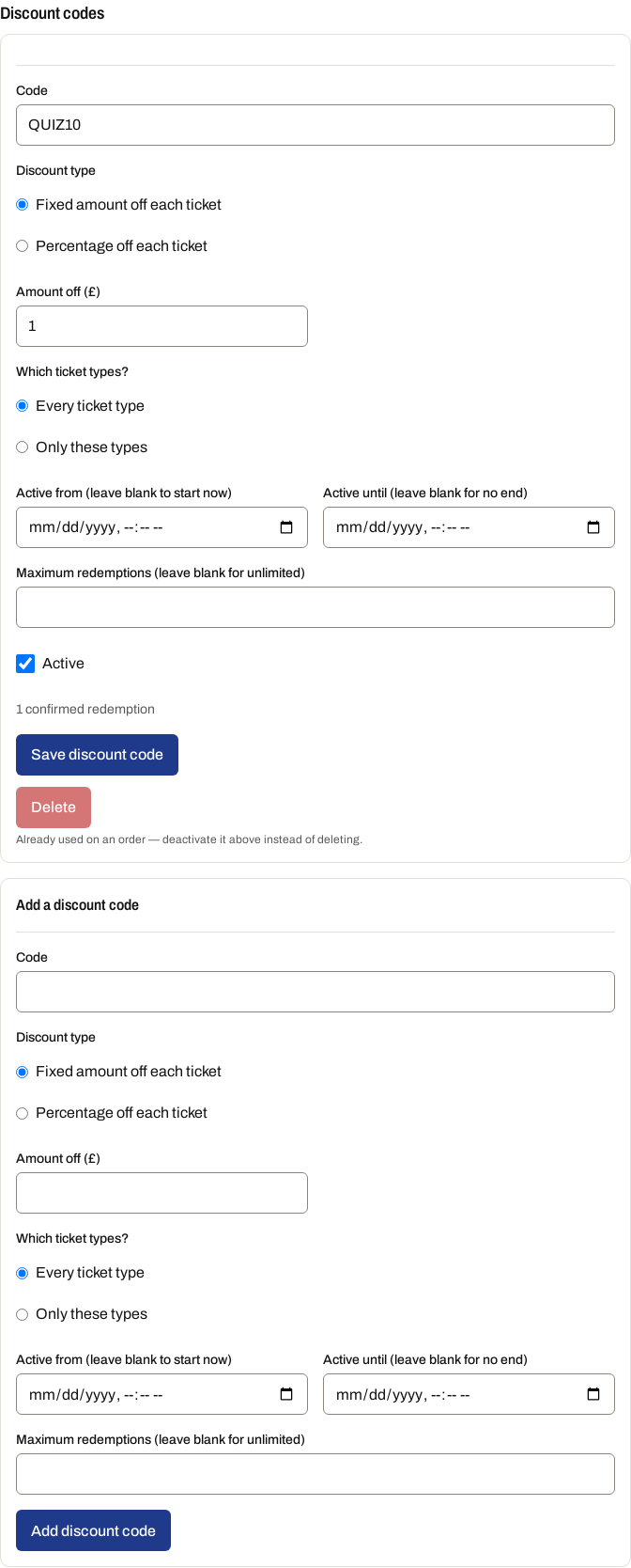 The discount codes section on the event editor, with an active fixed-amount code and the add-code form.
