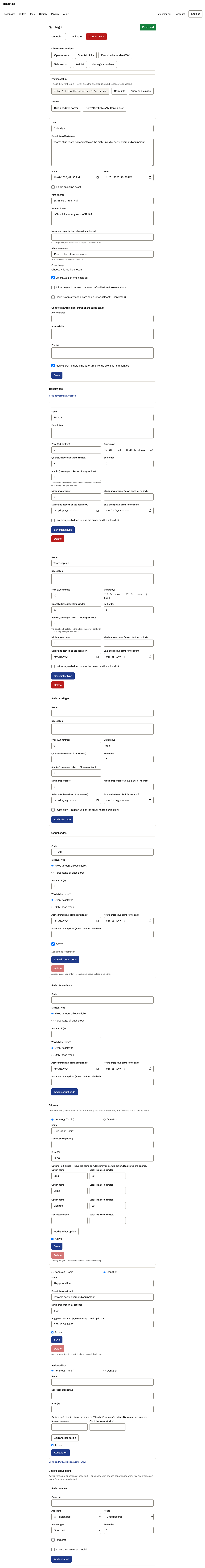 The event editor, showing the Quiz Night event with its ticket types and prices.