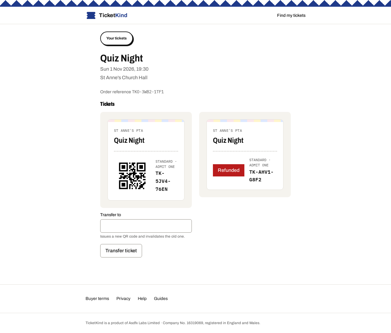 A buyer's manage-tickets page, showing their tickets with QR codes.