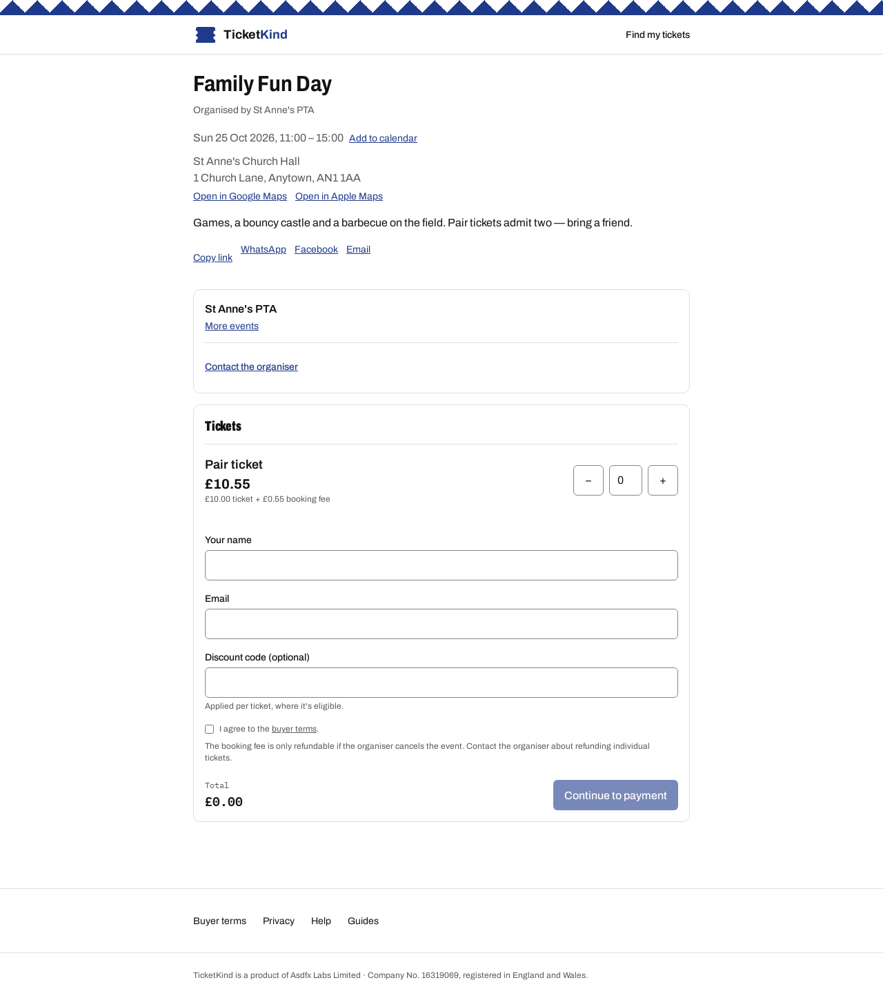 The public page for Family Fun Day, showing a pair ticket that admits two.
