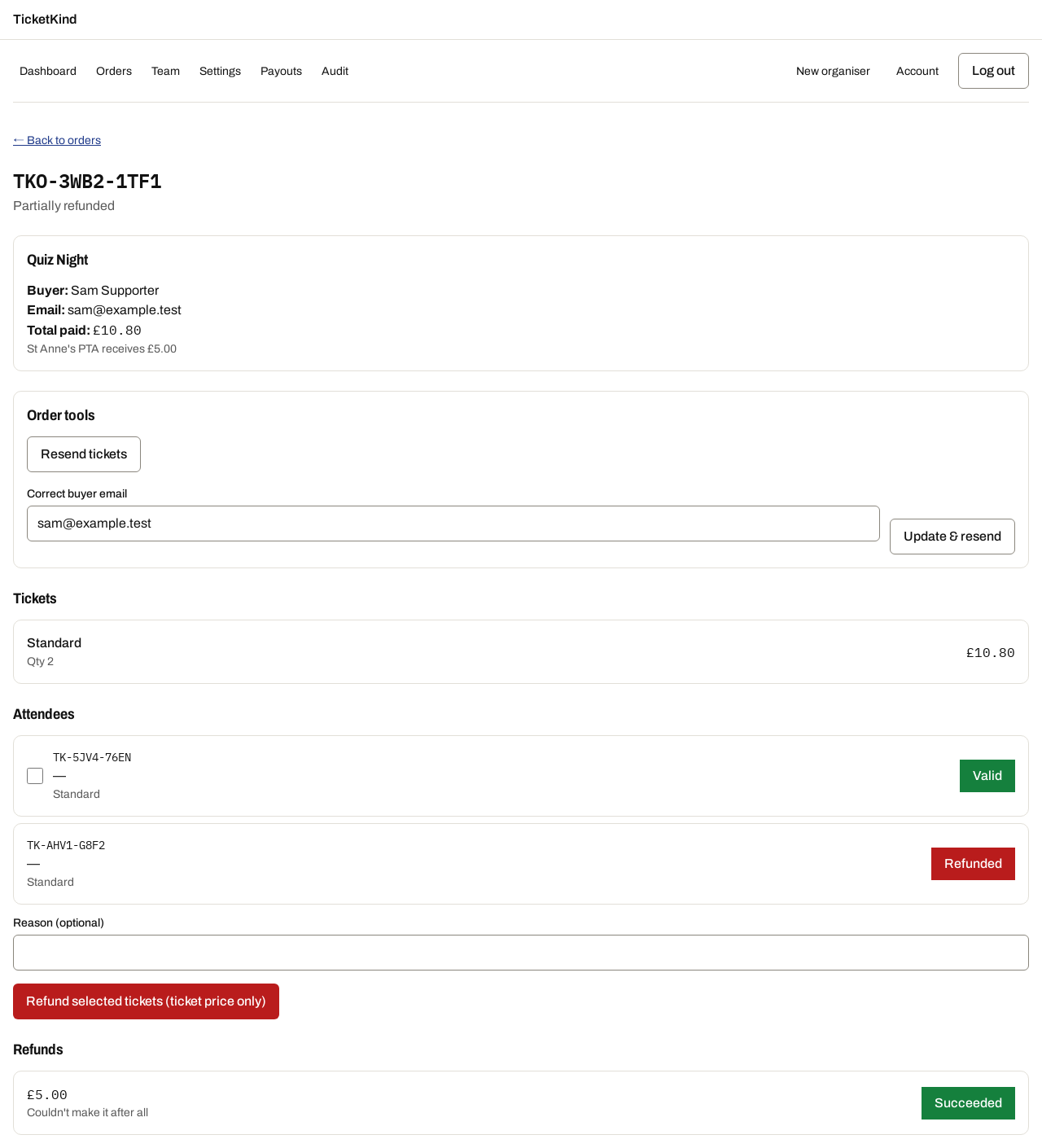 An order detail page showing one ticket refunded and the order marked partially refunded.