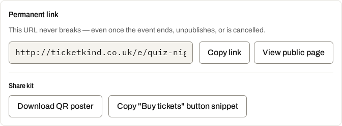 The share kit on a published event: the permanent link, a QR poster download and a copy-paste button.