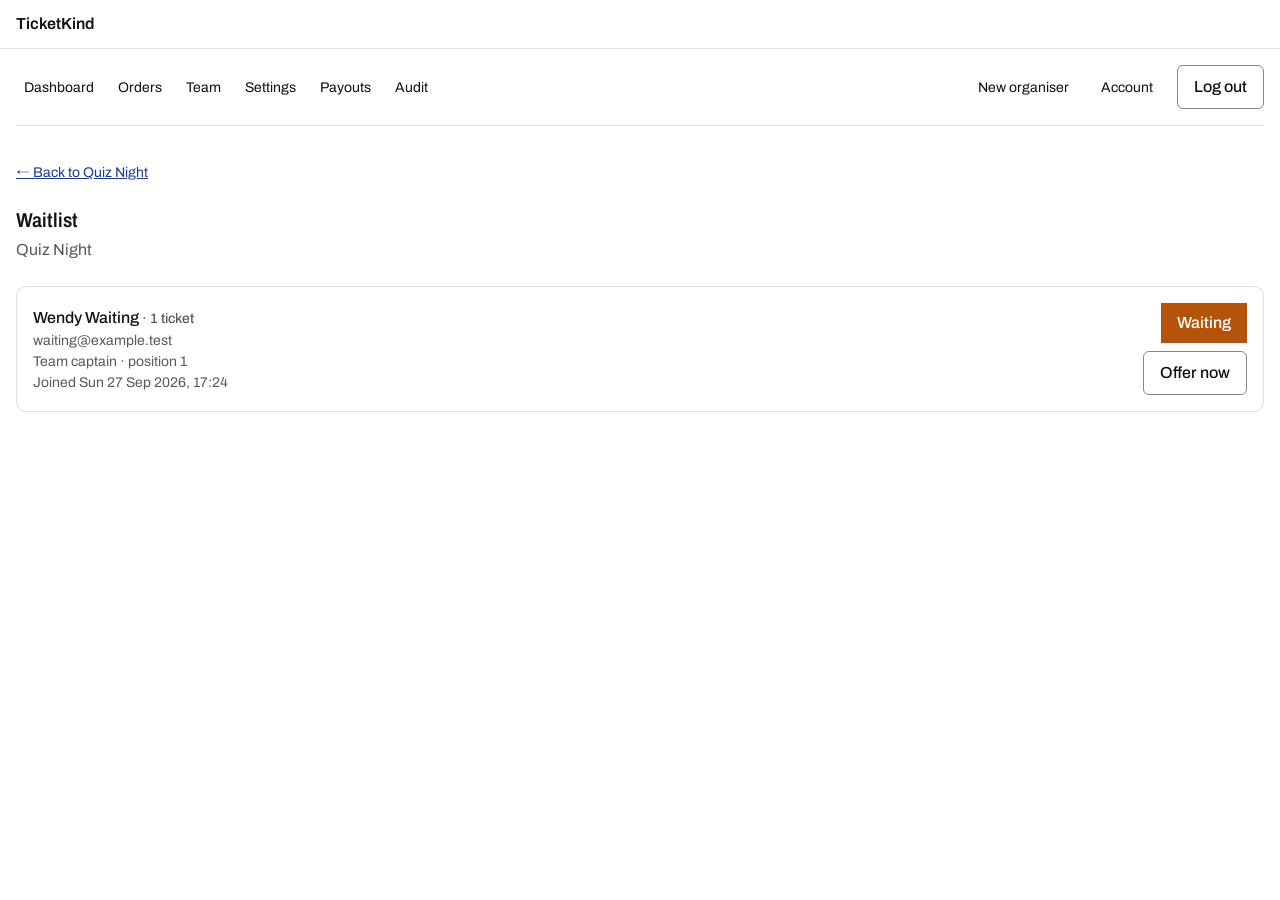 The waitlist for a sold-out ticket type, with an entry waiting to be offered a place.